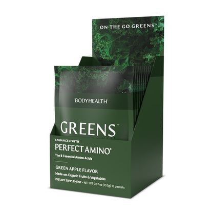 BodyHealth Greens box of packets. Green box with individual green packets.